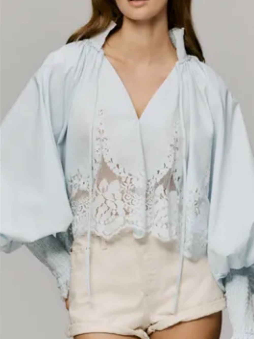 ANTHROPOLOGIE MARE MARE LACE INSET BLOUSE BABY PALE BLUE PUFF SLEEVES FLAW